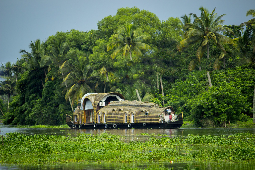 Traditional houseboat cruising serene backwaters in Alleppey